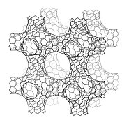 Strukturmodell eines Schwarzit-Kohlenstoffmaterials aus hexagonalen und heptagonalen Einheiten.