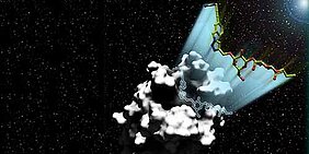 Like a spaceship, the complex sugar molecule (coloured) lands exactly on the tumor protein galectin-1, which here looks like a meteorite and is shown in black and white. (Picture: Workgroup Seibel, VCH-Wiley)
