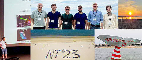 Zu sehen sind ein Gruppenbild, Bild vom Strand, Klaus beim Vortrag halten und die Flosse von Arcachon.